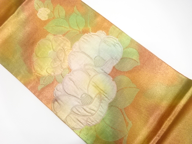 JAPANESE KIMONO / ANTIQUE FUKURO OBI / SILK / WOVEN CAMELLIA